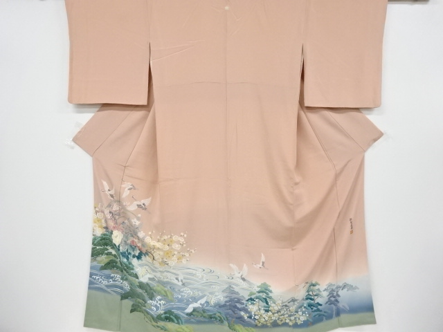 リサイクル　作家物　手描き友禅荒波に草花・群鶴模様一つ紋色留袖
